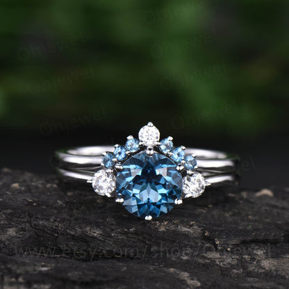 Vintage unique engagement ring 2pcs London blue topaz engagement ring set rose gold moissanite ring topaz wedding band wedding bridal set