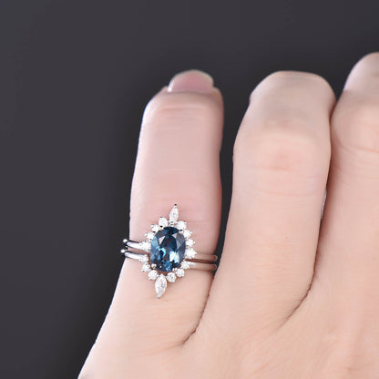 2pcs cluster crown art deco moissanite ring band oval London blue topaz engagement ring set rose gold vintage topaz wedding bridal ring set