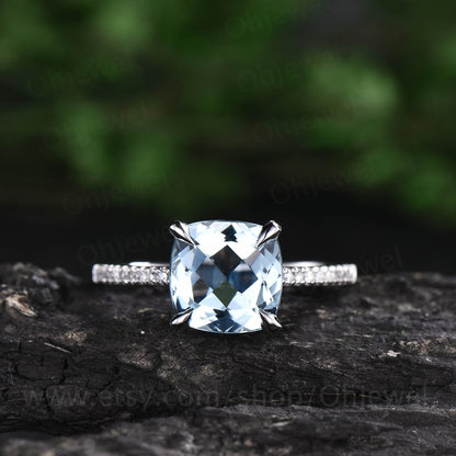 8mm cushion aquamarine ring  vintage for women aquamarine engagement ring rose gold diamond under basket halo May birthstone wedding ring