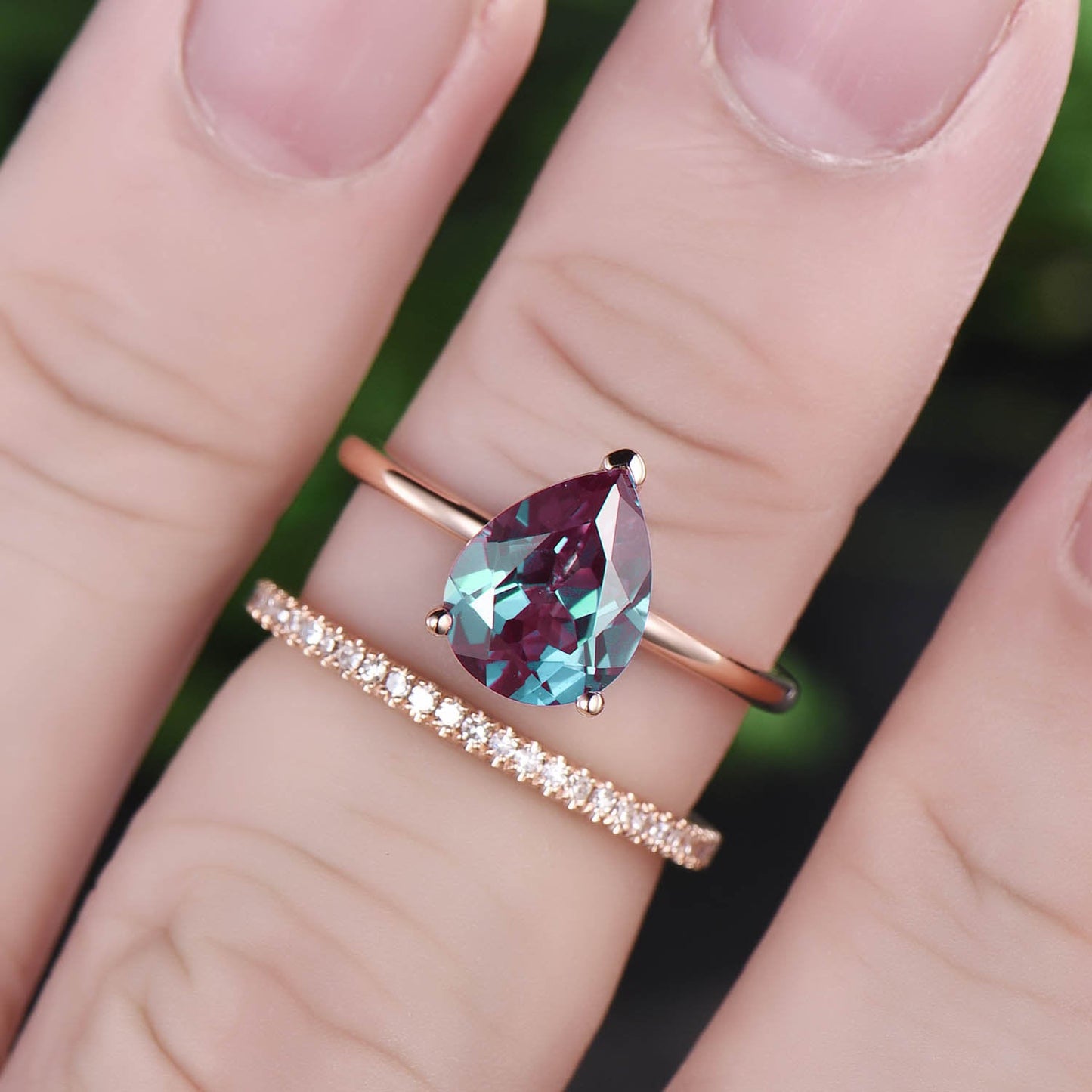 Solid rose gold ring 2ct solitaire alexandrite ring 2pcs color change alexandrite engagement ring set full eternity diamond wedding band