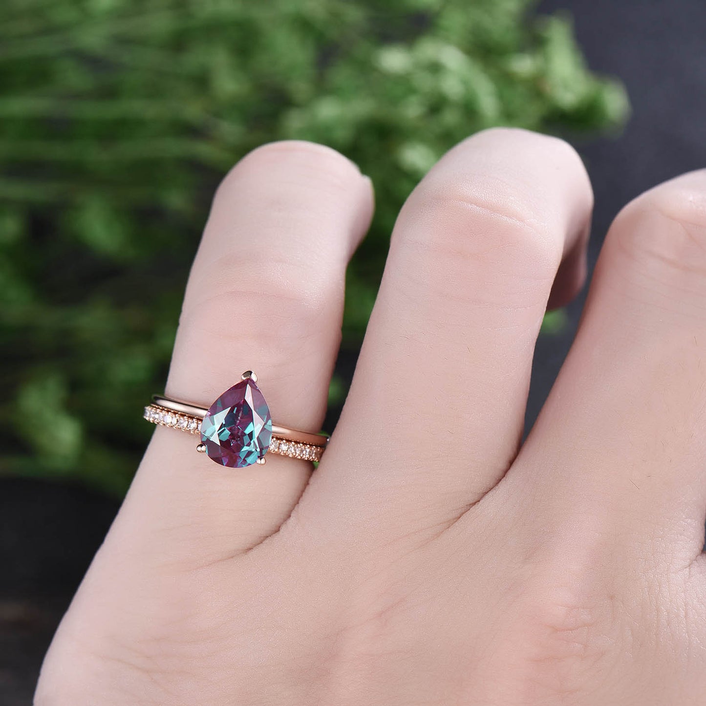 Solid rose gold ring 2ct solitaire alexandrite ring 2pcs color change alexandrite engagement ring set full eternity diamond wedding band
