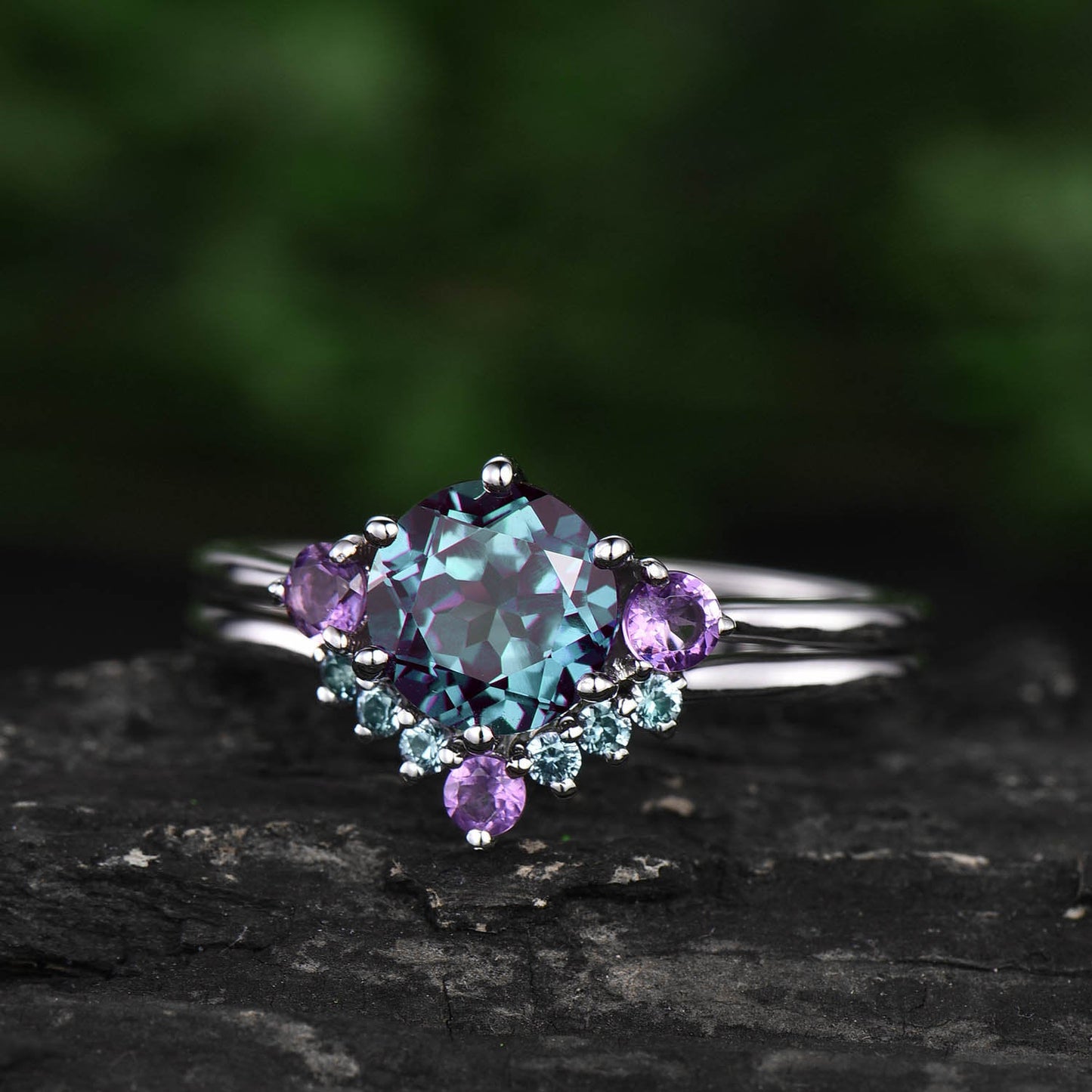 Vintage unique Three stone engagement ring color change 7mm alexandrite engagement ring set white gold amethyst ring June birthstone ring