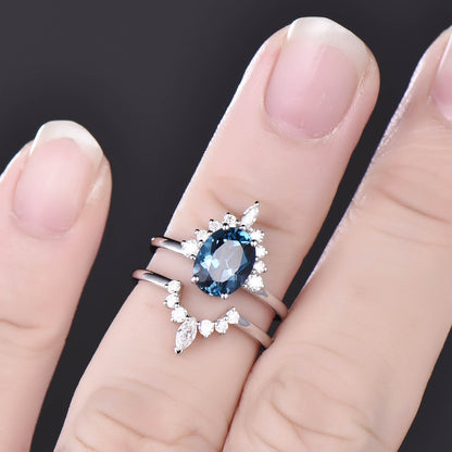 2pcs cluster crown art deco moissanite ring band oval London blue topaz engagement ring set rose gold vintage topaz wedding bridal ring set