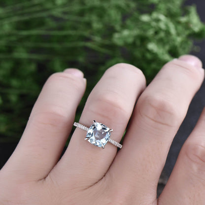 8mm cushion aquamarine ring  vintage for women aquamarine engagement ring rose gold diamond under basket halo May birthstone wedding ring