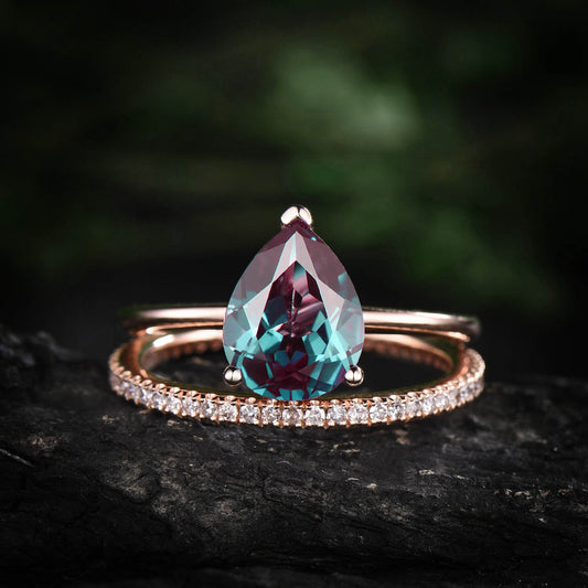 Solid rose gold ring 2ct solitaire alexandrite ring 2pcs color change alexandrite engagement ring set full eternity diamond wedding band