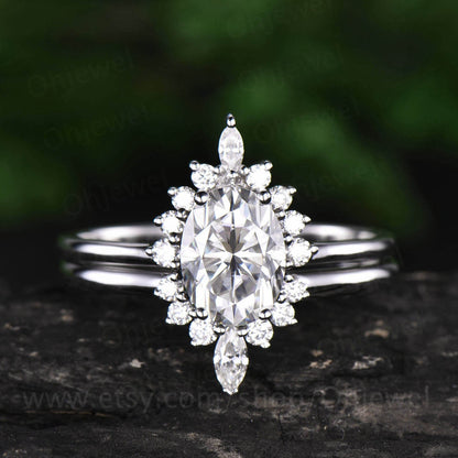 Marquise moissanite ring set 2pcs oval cut moissanite engagement ring set white gold unique vintage halo ring bridal set anniversary gift