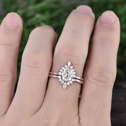 Marquise moissanite ring set 2pcs oval cut moissanite engagement ring set white gold unique vintage halo ring bridal set anniversary gift