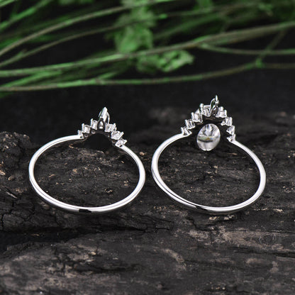 Marquise moissanite ring set 2pcs oval cut moissanite engagement ring set white gold unique vintage halo ring bridal set anniversary gift