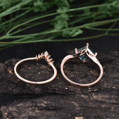 2pcs princess cut emerald engagement ring set rose gold ring set natural emerald wedding band moissanite ring May birthstone ring jewelry