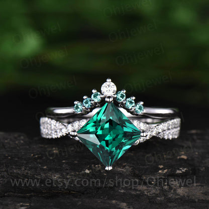 2pcs princess cut emerald engagement ring set rose gold ring set natural emerald wedding band moissanite ring May birthstone ring jewelry