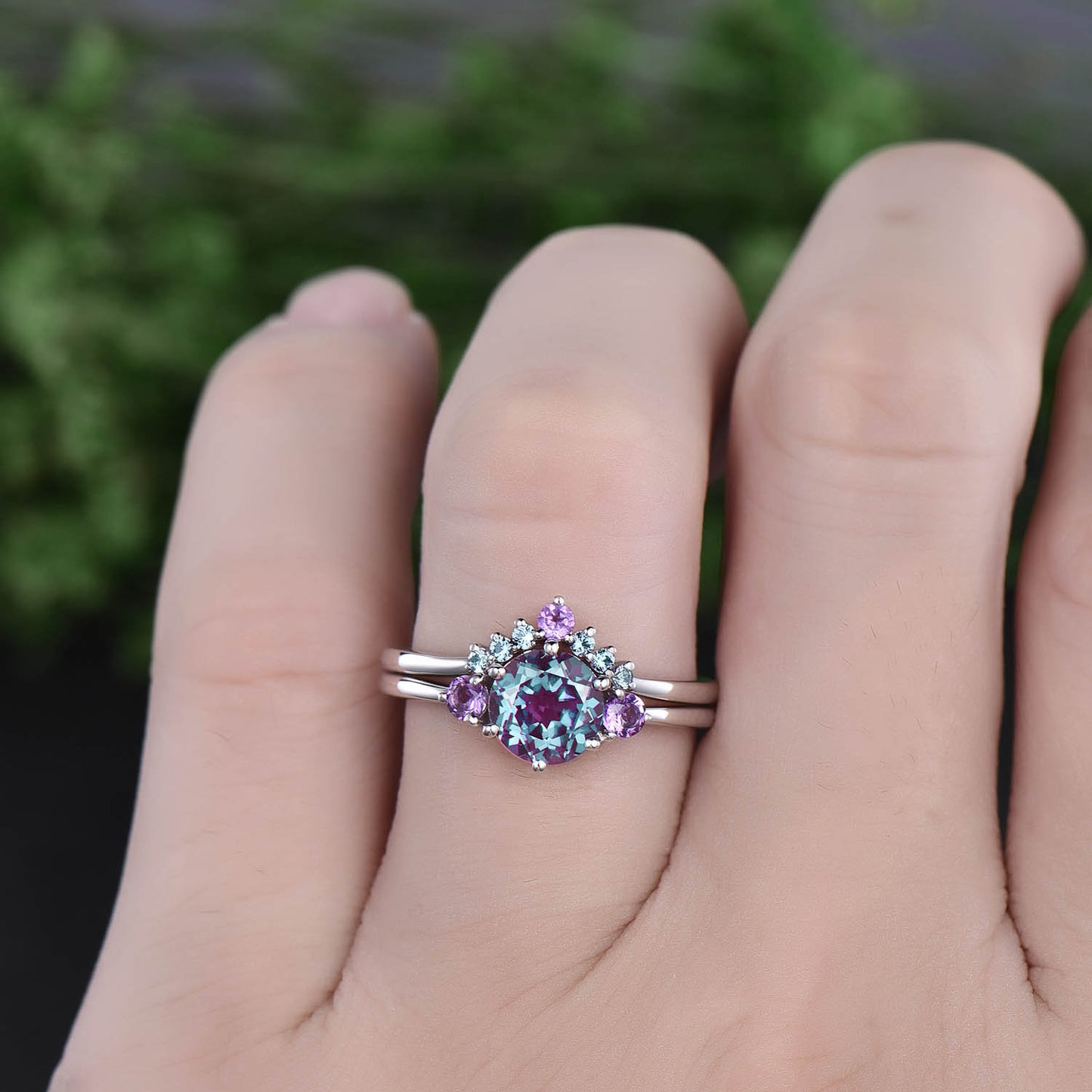 Vintage unique Three stone engagement ring color change 7mm alexandrite engagement ring set white gold amethyst ring June birthstone ring