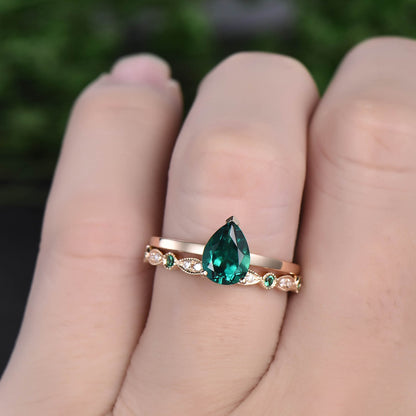 Solitaire emerald ring vintage 2pcs pear emerald engagement ring set solid yellow gold real diamond ring natural emerald wedding band