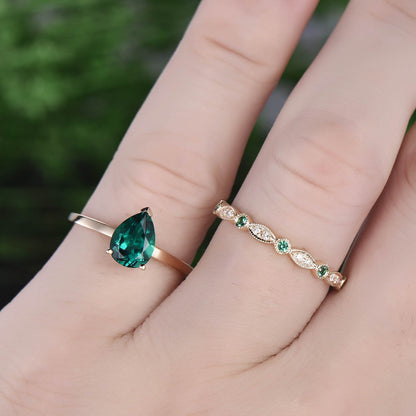 Solitaire emerald ring vintage 2pcs pear emerald engagement ring set solid yellow gold real diamond ring natural emerald wedding band