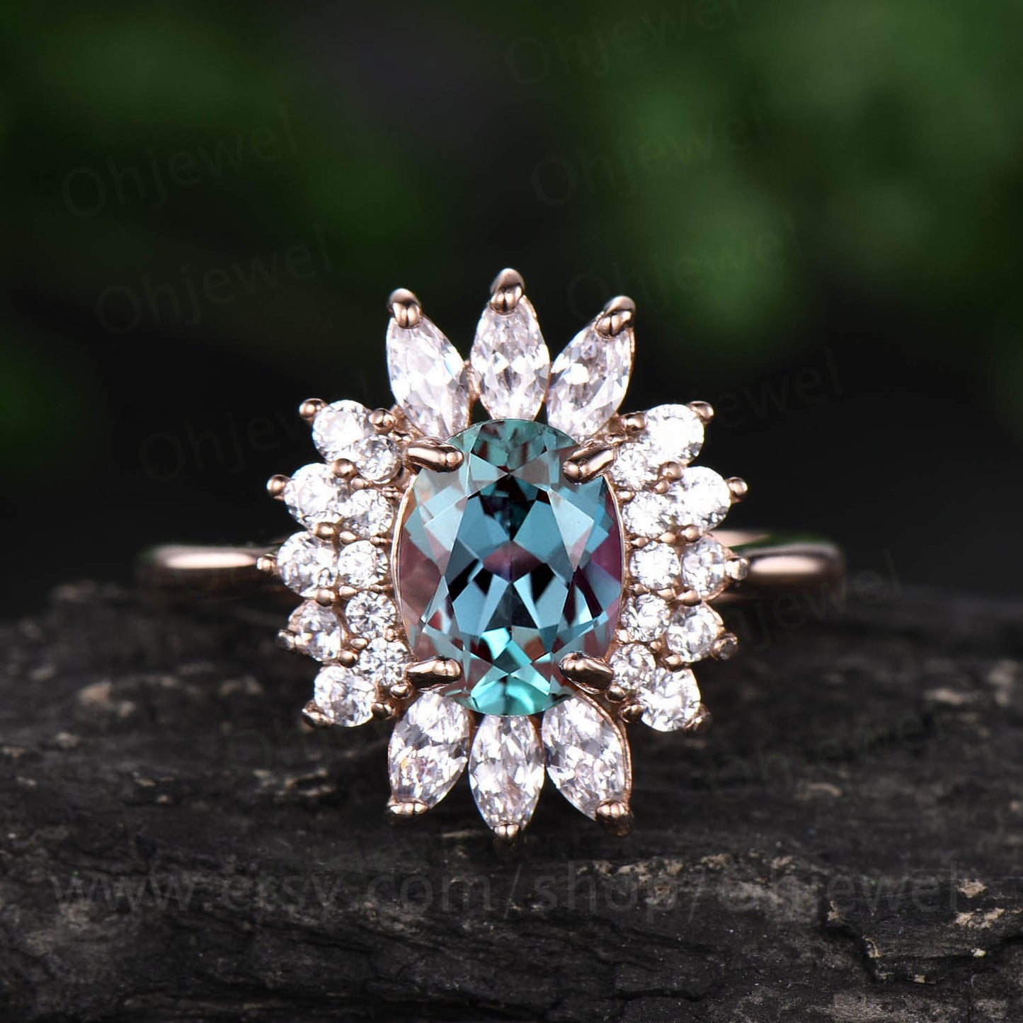 Marquise moissanite ring art deco ring vintage unique halo cluster color change alexandrite engagement ring rose gold anniversary ring gift