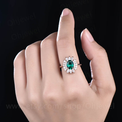 Marquise moissanite ring art deco ring vintage unique halo cluster oval emerald engagement ring rose gold anniversary ring birthday gift