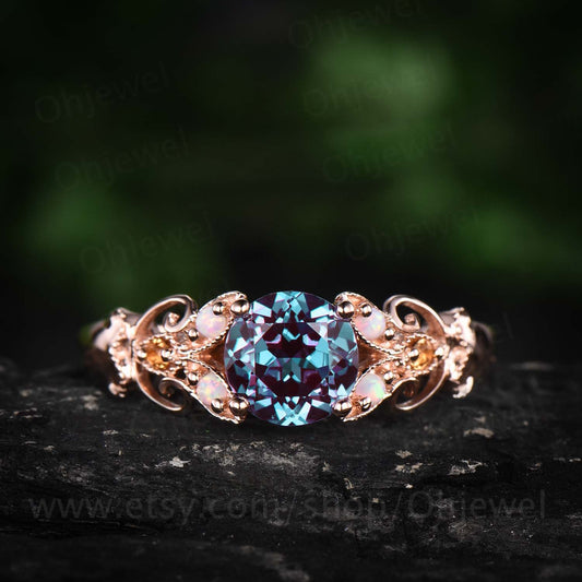 Vintage opal ring citrine ring 1ct round color change alexandrite engagement ring rose gold unique butterfly ring anniversary gift