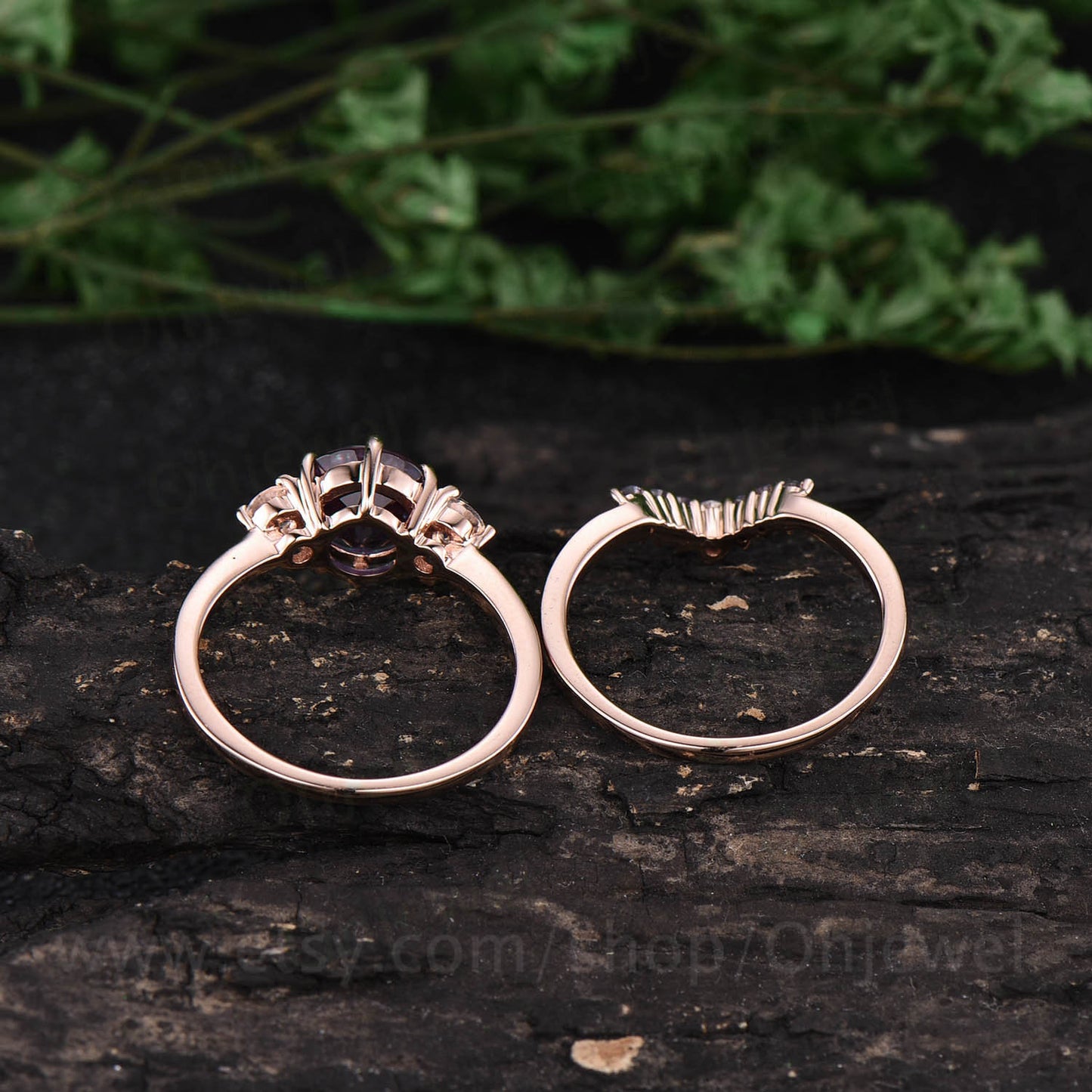 June birthstone ring rose gold ring three stone ring vintage moonstone ring color change alexandrite engagement ring set moissanite ring