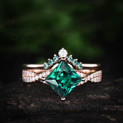 2pcs princess cut emerald engagement ring set rose gold ring set natural emerald wedding band moissanite ring May birthstone ring jewelry