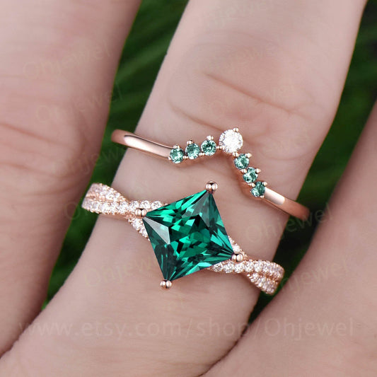 2pcs princess cut emerald engagement ring set rose gold ring set natural emerald wedding band moissanite ring May birthstone ring jewelry