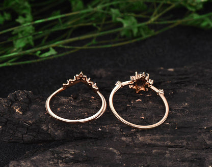 Pear Shaped Black Rutilated Quartz Engagement Ring Rose Gold Women Vintage Bridal Set Unique Moissanite Ring Wedding band Anniversary Gift