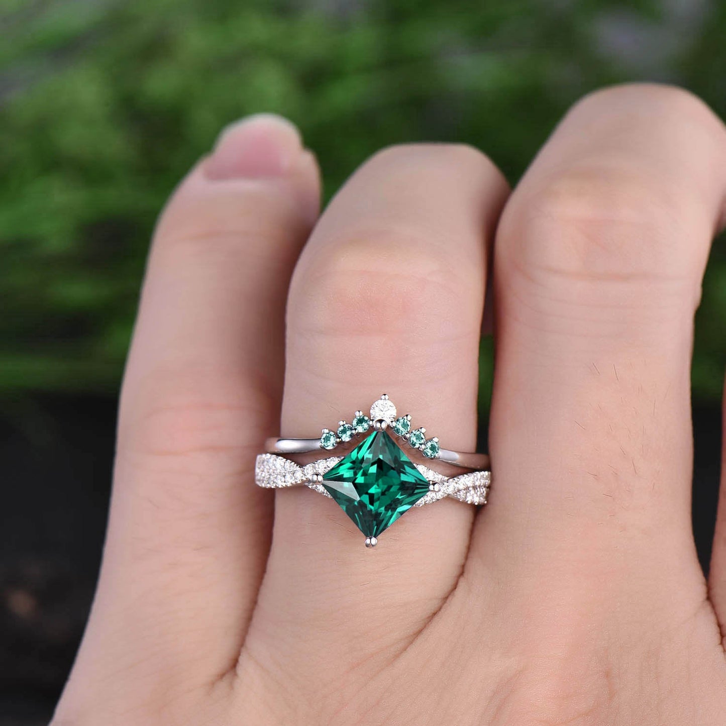 2pcs princess cut emerald engagement ring set rose gold ring set natural emerald wedding band moissanite ring May birthstone ring jewelry