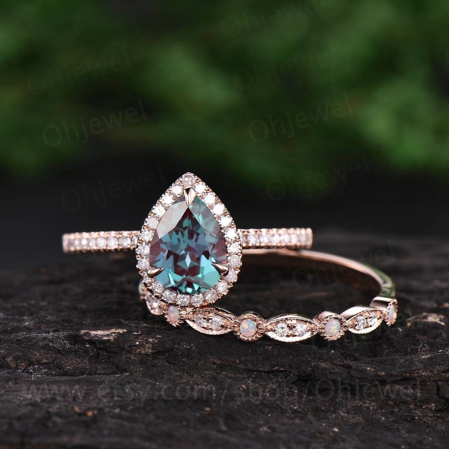 Vintage Alexandrite engagement ring 2pcs color change Alexandrite ring rose gold ring unique opal ring opal wedding band bridal set gift