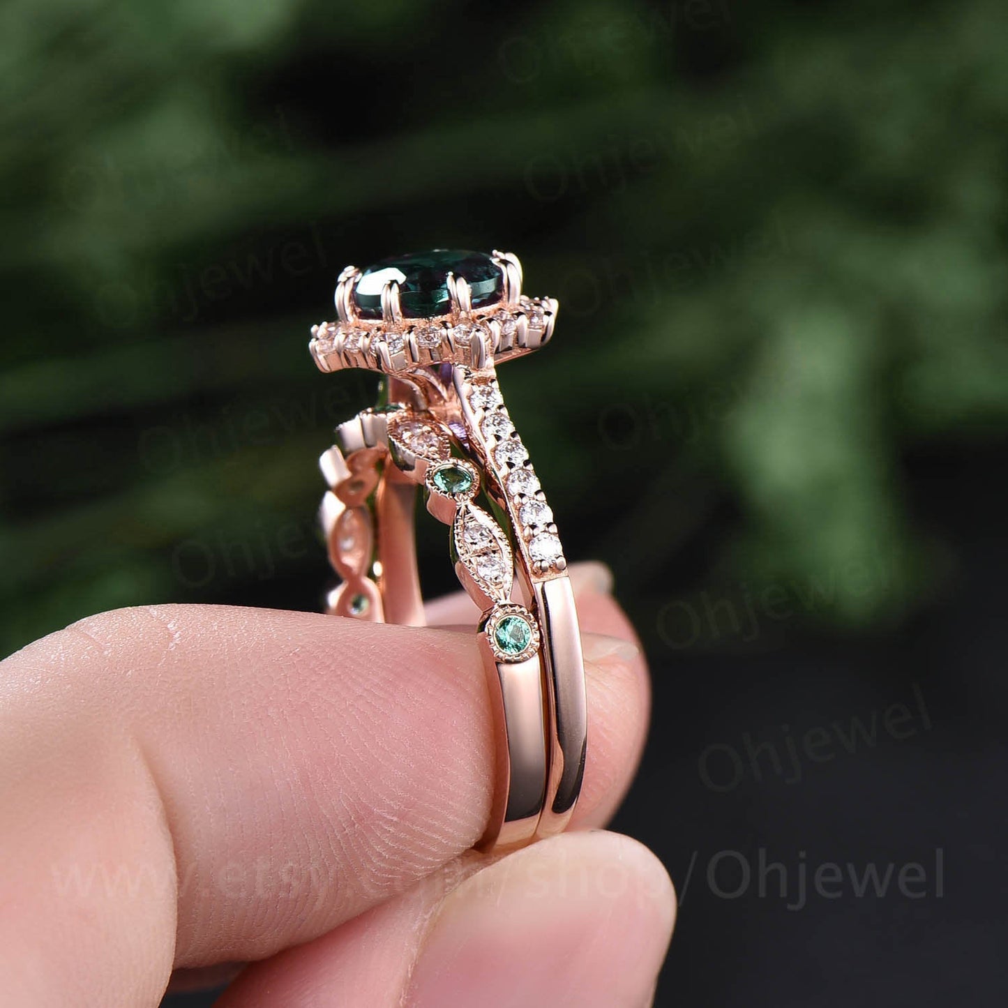 2pcs emerald bridal set vintage round emerald engagement ring set rose gold moissanite halo ring diamond ring natural emerald wedding band
