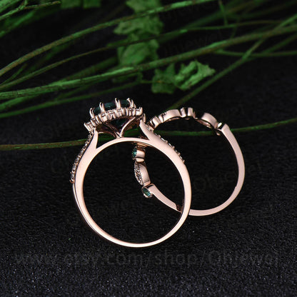 2pcs emerald bridal set vintage round emerald engagement ring set rose gold moissanite halo ring diamond ring natural emerald wedding band