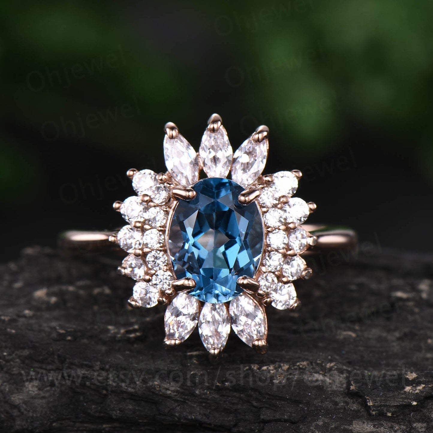 Marquise moissanite ring art deco ring vintage unique halo cluster oval London blue topaz engagement ring rose gold anniversary ring gift