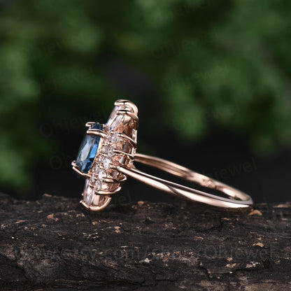 Marquise moissanite ring art deco ring vintage unique halo cluster oval London blue topaz engagement ring rose gold anniversary ring gift