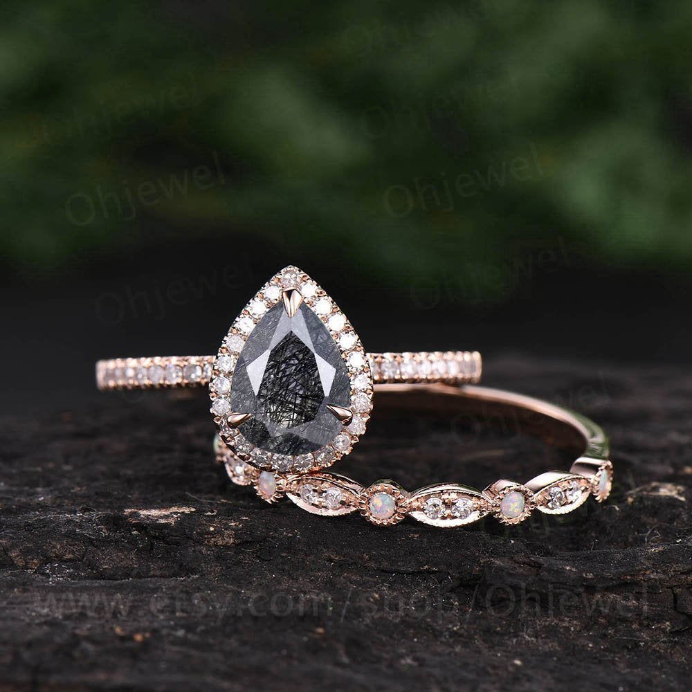 Pear black rutilated quartz engagement ring set vintage opal ring  solid rose gold unique diamond ring wedding bridal set anniversary gift