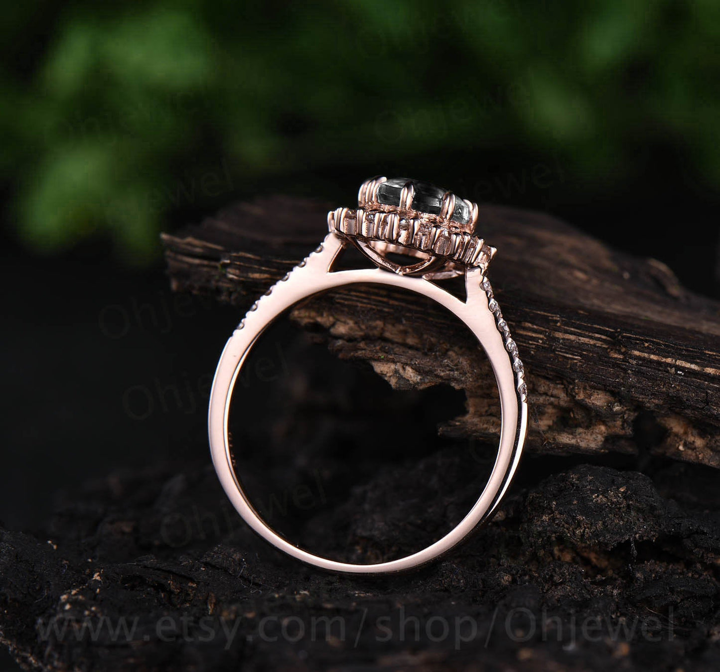 Round black rutilated quartz engagement ring rose gold vintage cluster halo moissanite ring women jewelry unique wedding bridal ring gift