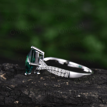 Princess cut emerald engagement ring white rose gold emerald ring vintage real diamond twisted unique May birthstone promise wedding ring