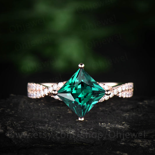 7mm Princess cut emerald engagement ring rose gold emerald rings for women vintage unique ring emerald jewelry May birthstone ring gift