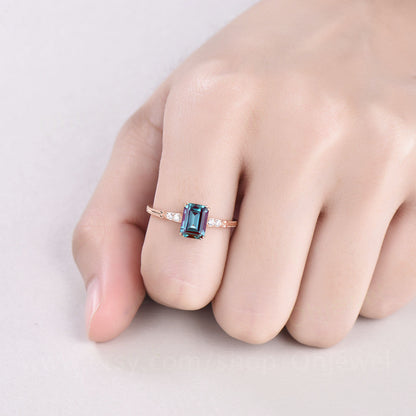 Vintage emerald cut Alexandrite engagement ring Alexandrite ring rose gold for women five stone unique ring Alexandrite jewelry bridal ring