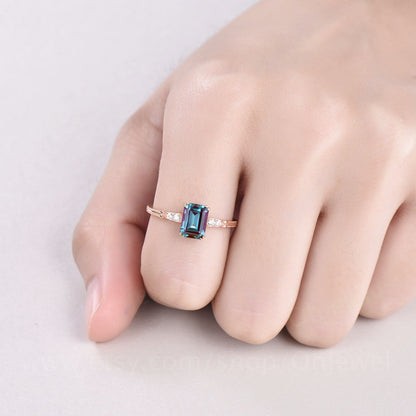 Vintage emerald cut Alexandrite engagement ring 14k rose gold Alexandrite ring for women five stone diamond ring unique bridal ring jewelry