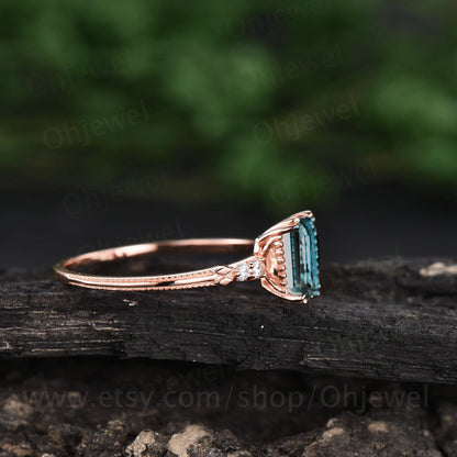 Vintage emerald cut Alexandrite engagement ring Alexandrite ring rose gold for women five stone unique ring Alexandrite jewelry bridal ring