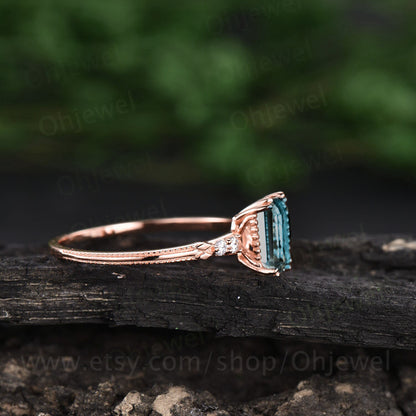 Vintage emerald cut Alexandrite engagement ring 14k rose gold Alexandrite ring for women five stone diamond ring unique bridal ring jewelry