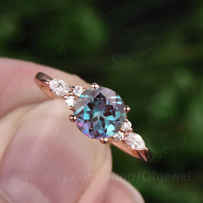 Rose gold ring Alexandrite ring for women vintage Alexandrite engagement ring June birthstone anniversary gift moissanite marquise ring