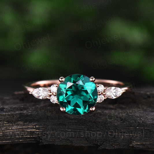 7mm round emerald ring for women vintage emerald engagement ring rose gold marquise moissanite ring emerald jewelry 7 stone ring bridal ring