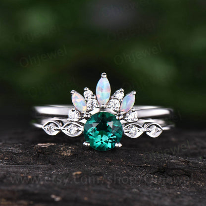 Emerald bridal set Vintage emerald engagement ring set maruqise opal ring for women white gold art deco moissanite ring emerald jewelry