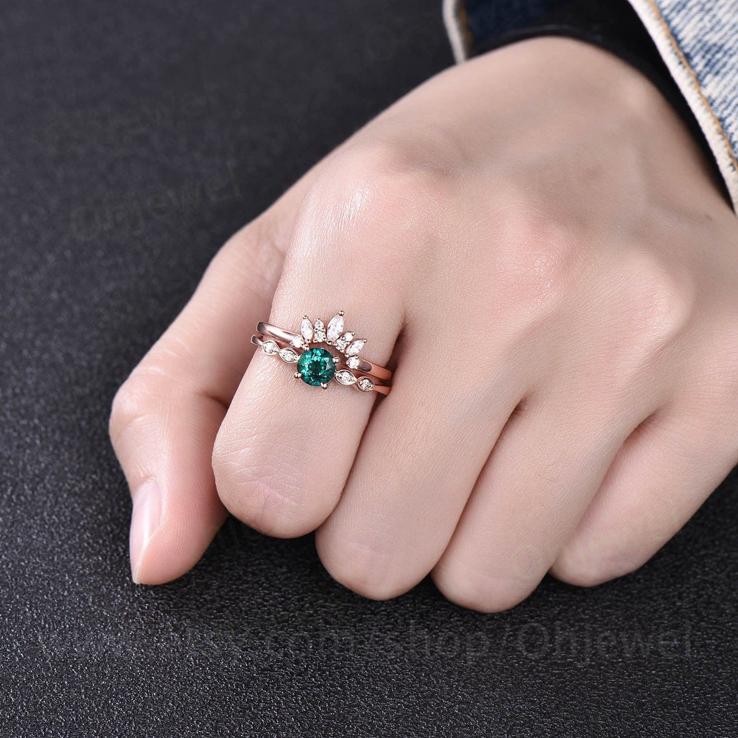 Emerald bridal set 2pcs emerald engagement ring set emerald rings for women rose gold maruqise moissanite ring wedding band emerald jewelry