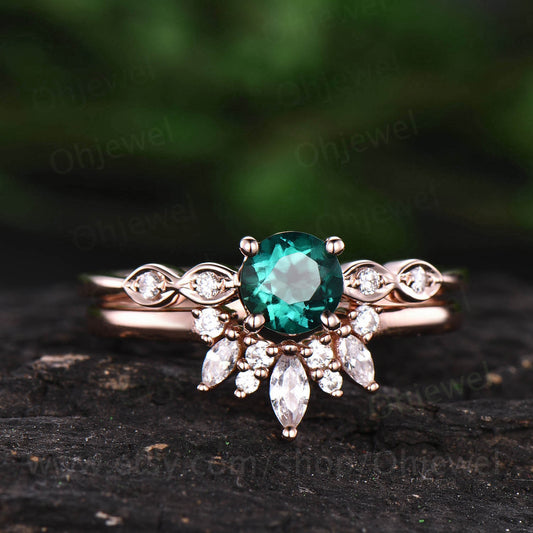 Emerald bridal set 2pcs emerald engagement ring set emerald rings for women rose gold maruqise moissanite ring wedding band emerald jewelry
