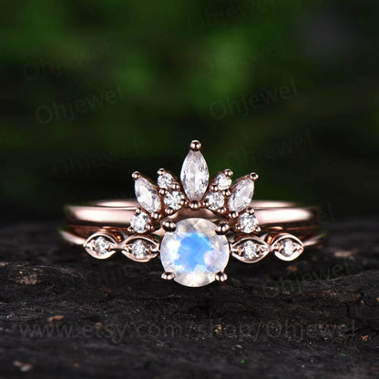 Vintage moonstone engagement ring set natural moonstone ring for women rose gold June birthstone ring marquise moissanite ring bridal set