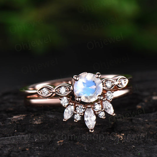 Vintage moonstone engagement ring set natural moonstone ring for women rose gold June birthstone ring marquise moissanite ring bridal set