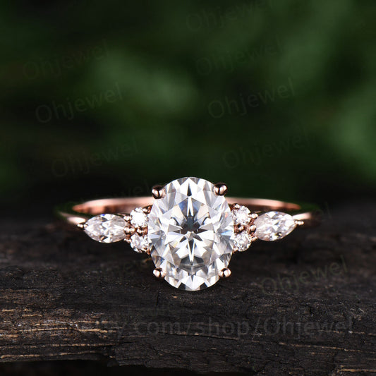 Vintage oval moissanite engagement ring unique marquise moissanite ring for women solid rose gold anniversary gift 925 sterling silver ring