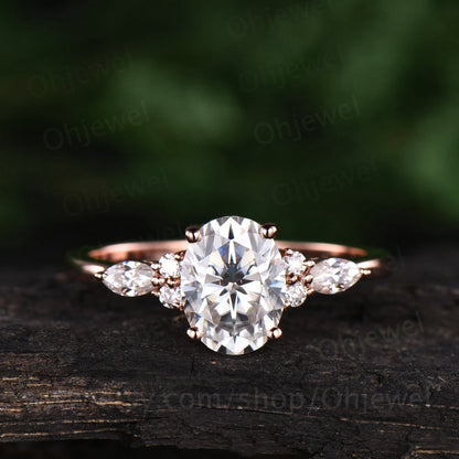 Moissanite ring set vintage oval cut moissanite engagement ring set rose gold alternative unique engagement ring Norse viking ring jewelry