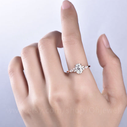 Unique vintage oval cut moissanite engagement ring set art deco moissanite ring rose gold wedding ring set women norse viking ring Jewelry