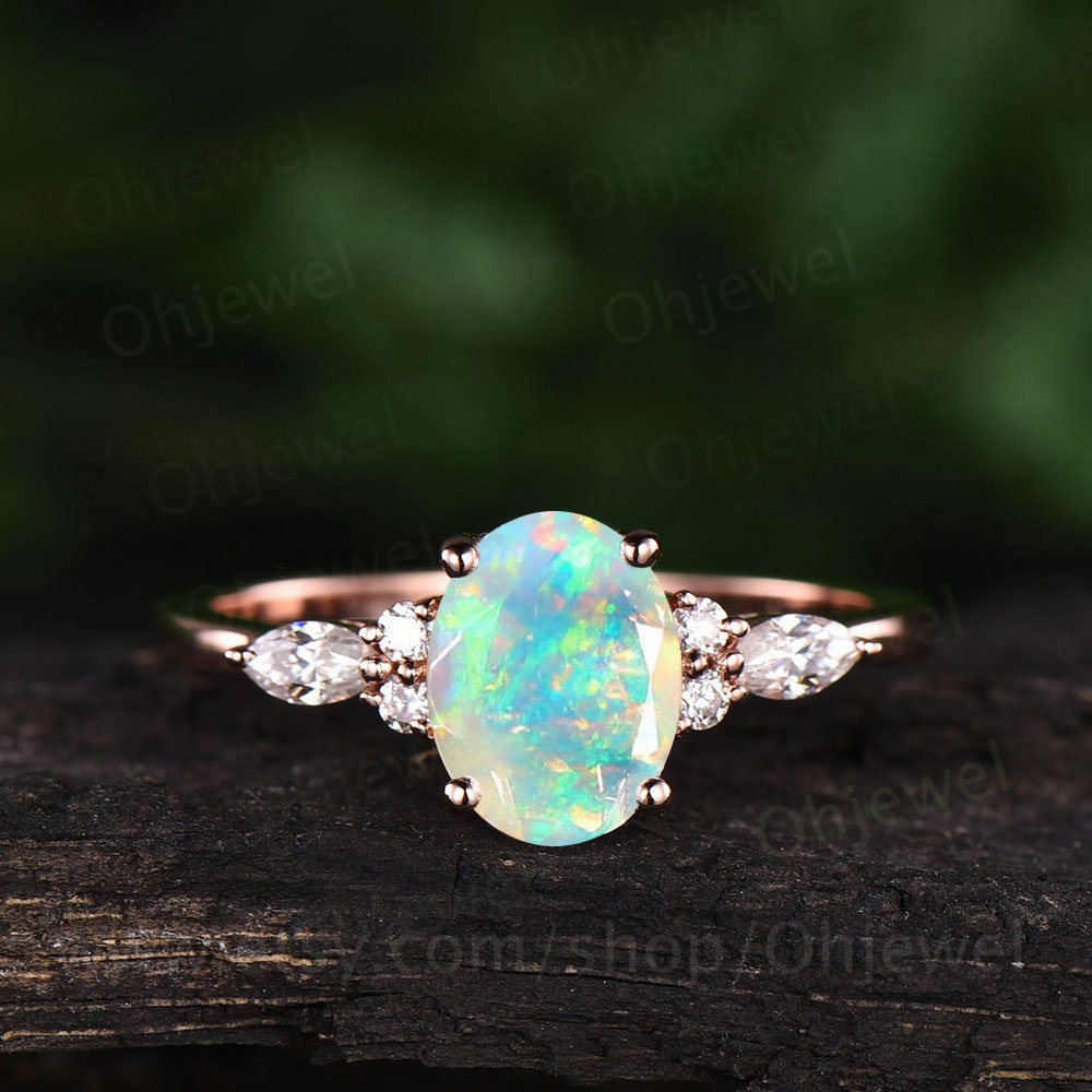 Natual opal rings for women vintage opal engagement ring rose gold 6x8mm oval opal jewelry October birthstone ring marquise moissanite ring