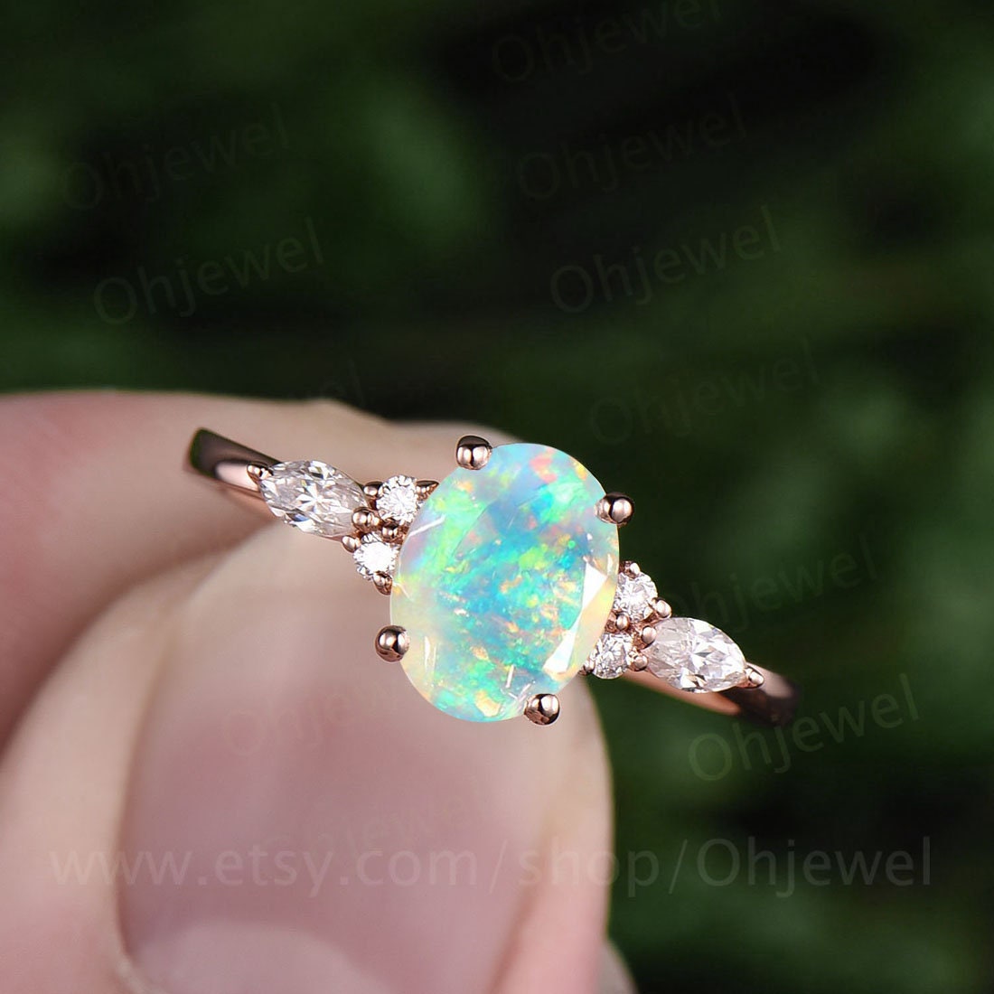 Natual opal rings for women vintage opal engagement ring rose gold 6x8mm oval opal jewelry October birthstone ring marquise moissanite ring